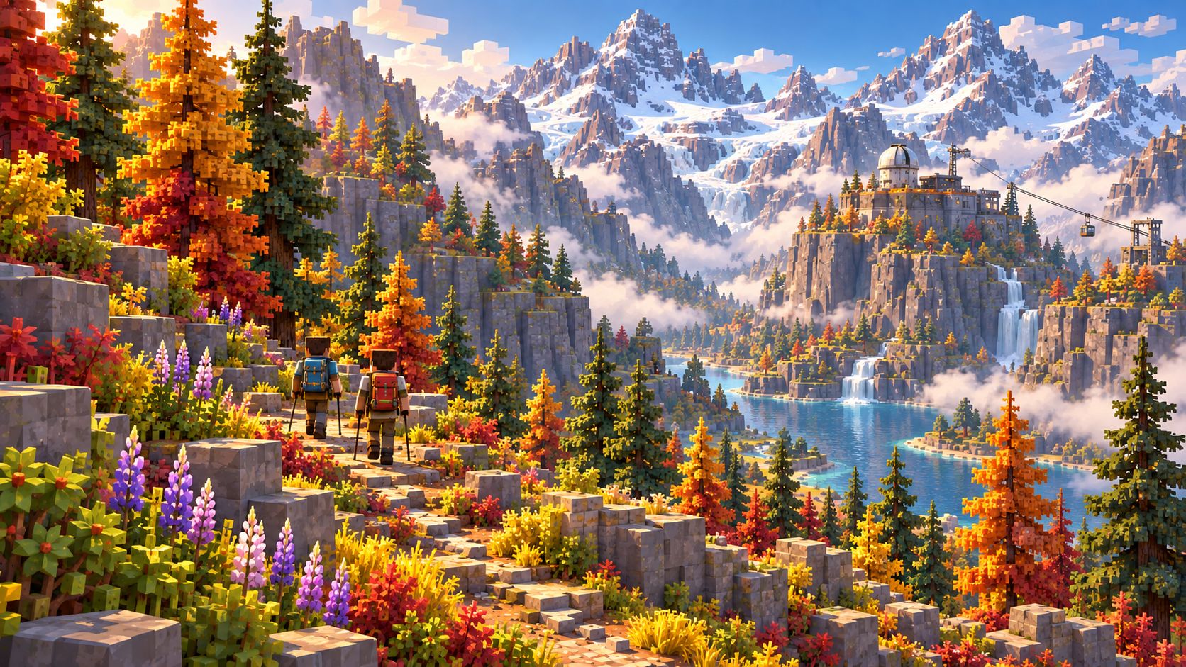 Cairn’s alpine valley framed by colourful conifers, flowering undergrowth and angular snow-capped mountains.