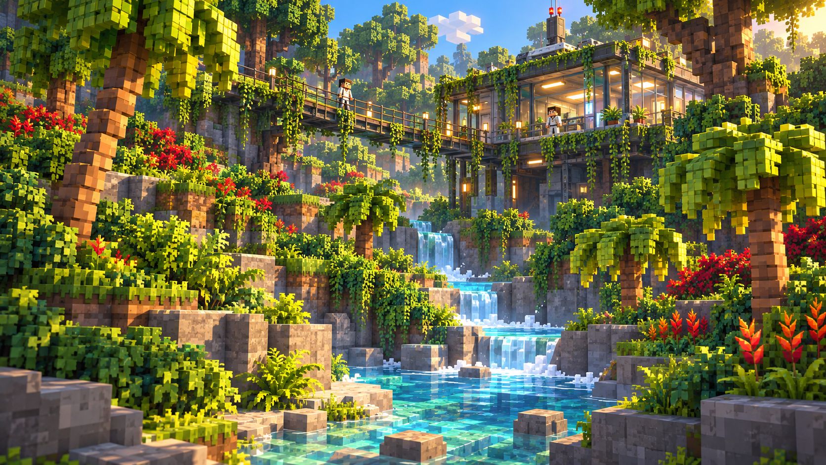 Canopy’s dense tropical palms and ferns frame a turquoise stream beneath elevated research walkways.