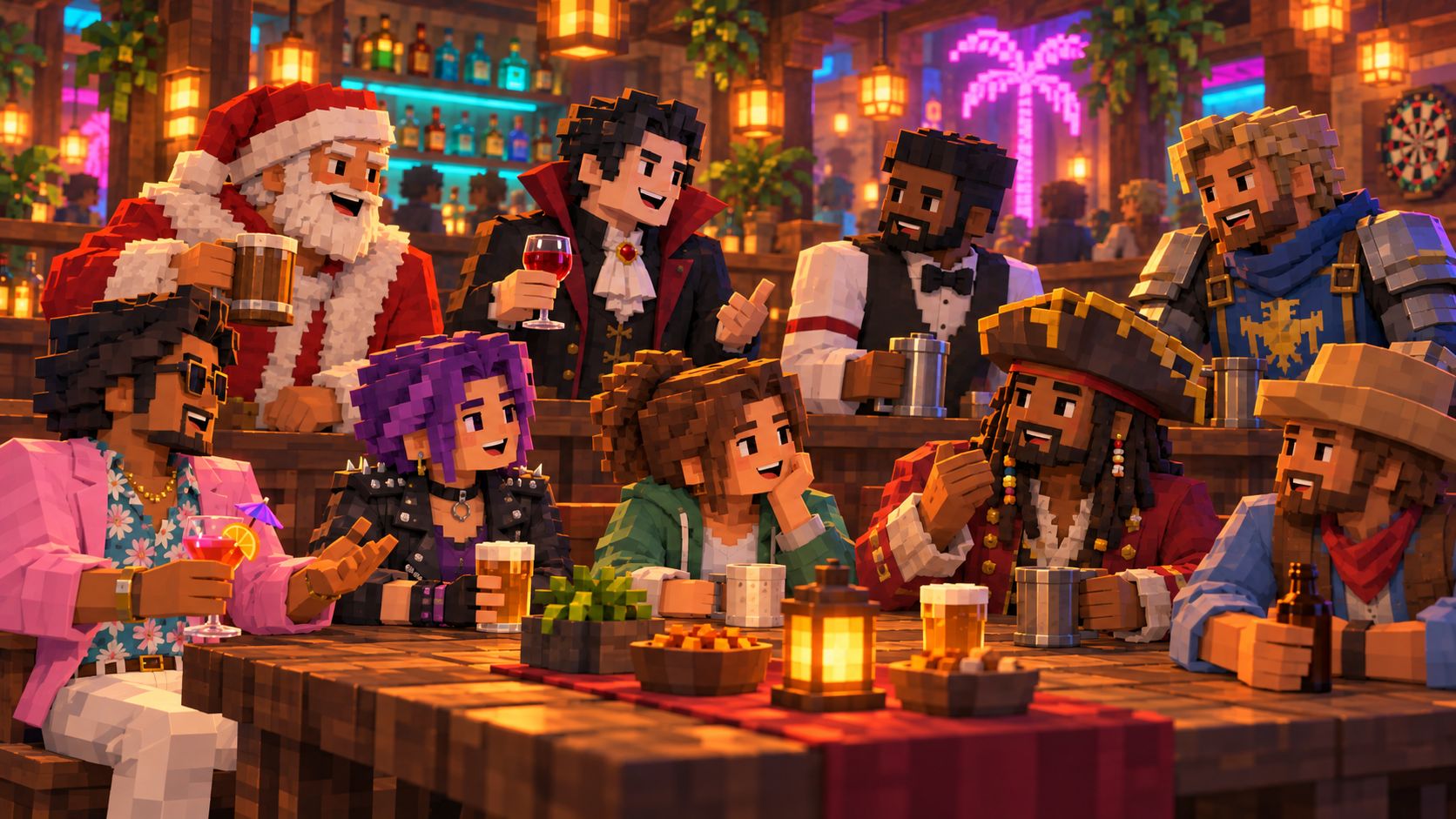 Citizens in festive, gothic, tropical, casino, fantasy and everyday outfits sharing drinks in a warmly lit neighbourhood pub.