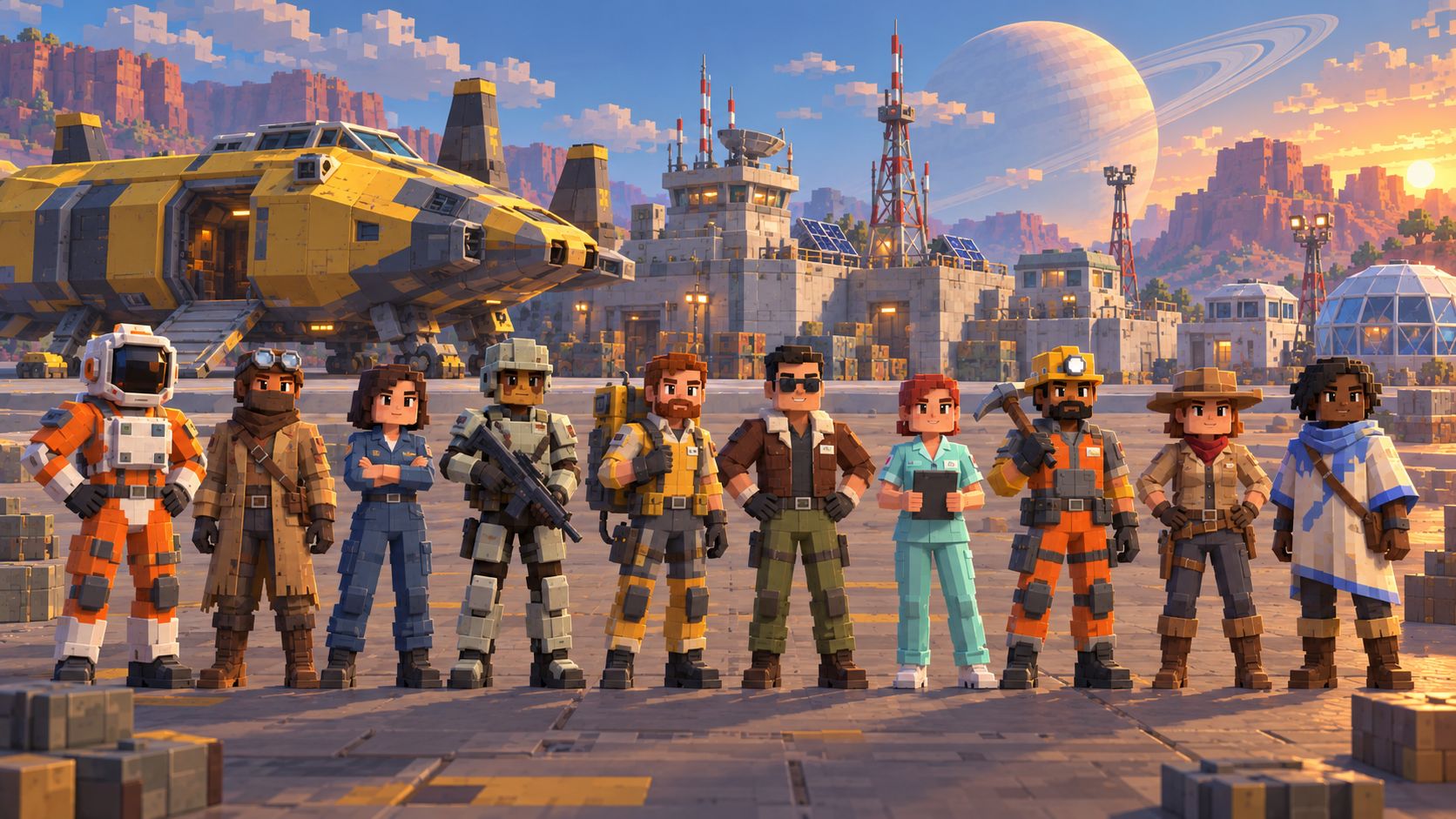 Ten citizens in their own kit standing in a line, a dropship and an outpost behind them.