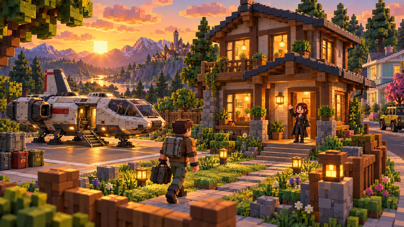 A citizen walks from a spacecraft on a private pad toward a warmly lit home, with a neighbour beyond the garden.
