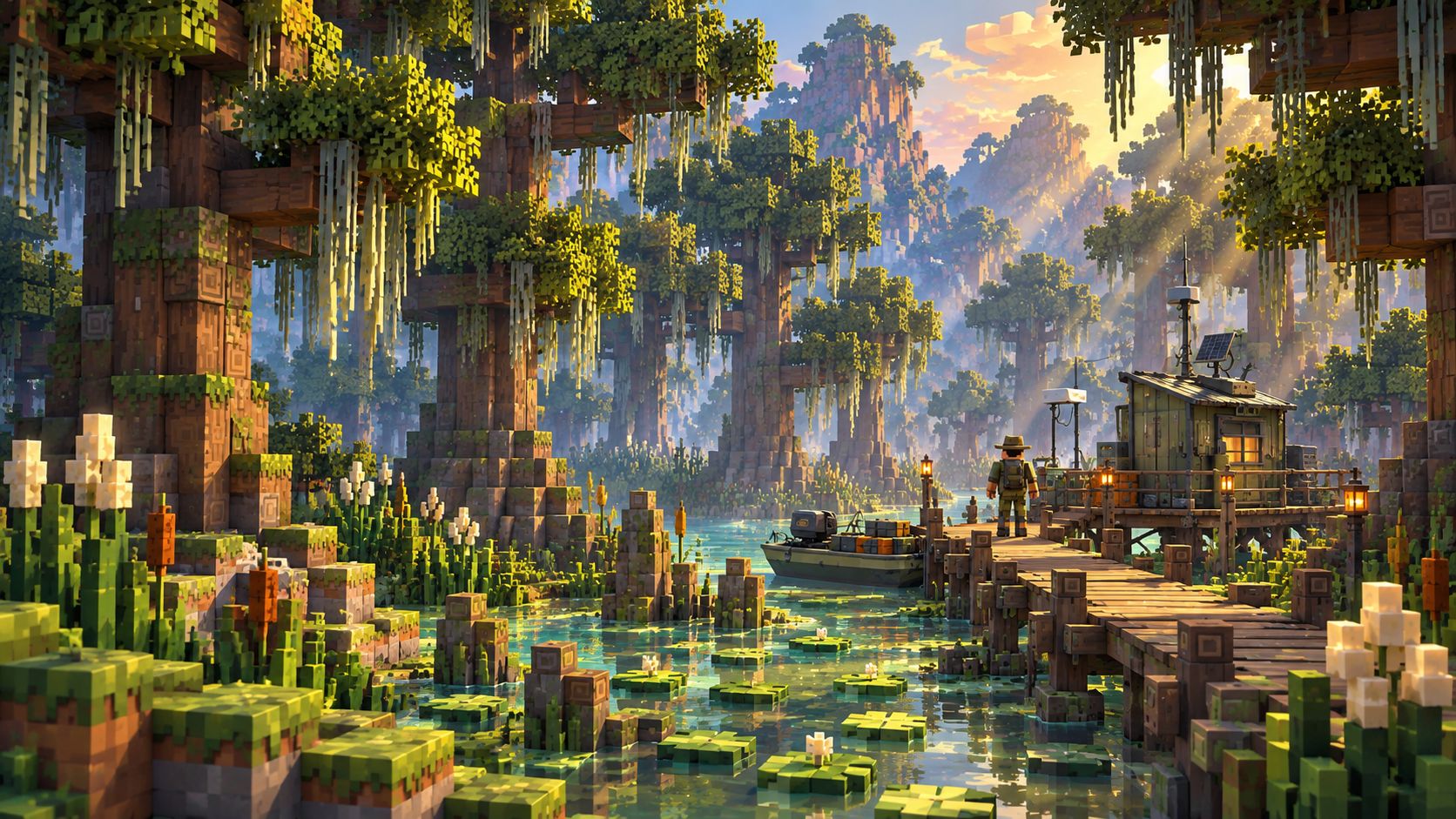Fen’s moss-draped swamp trees, reeds and lily pads surround a quiet waterway and a narrow boardwalk.