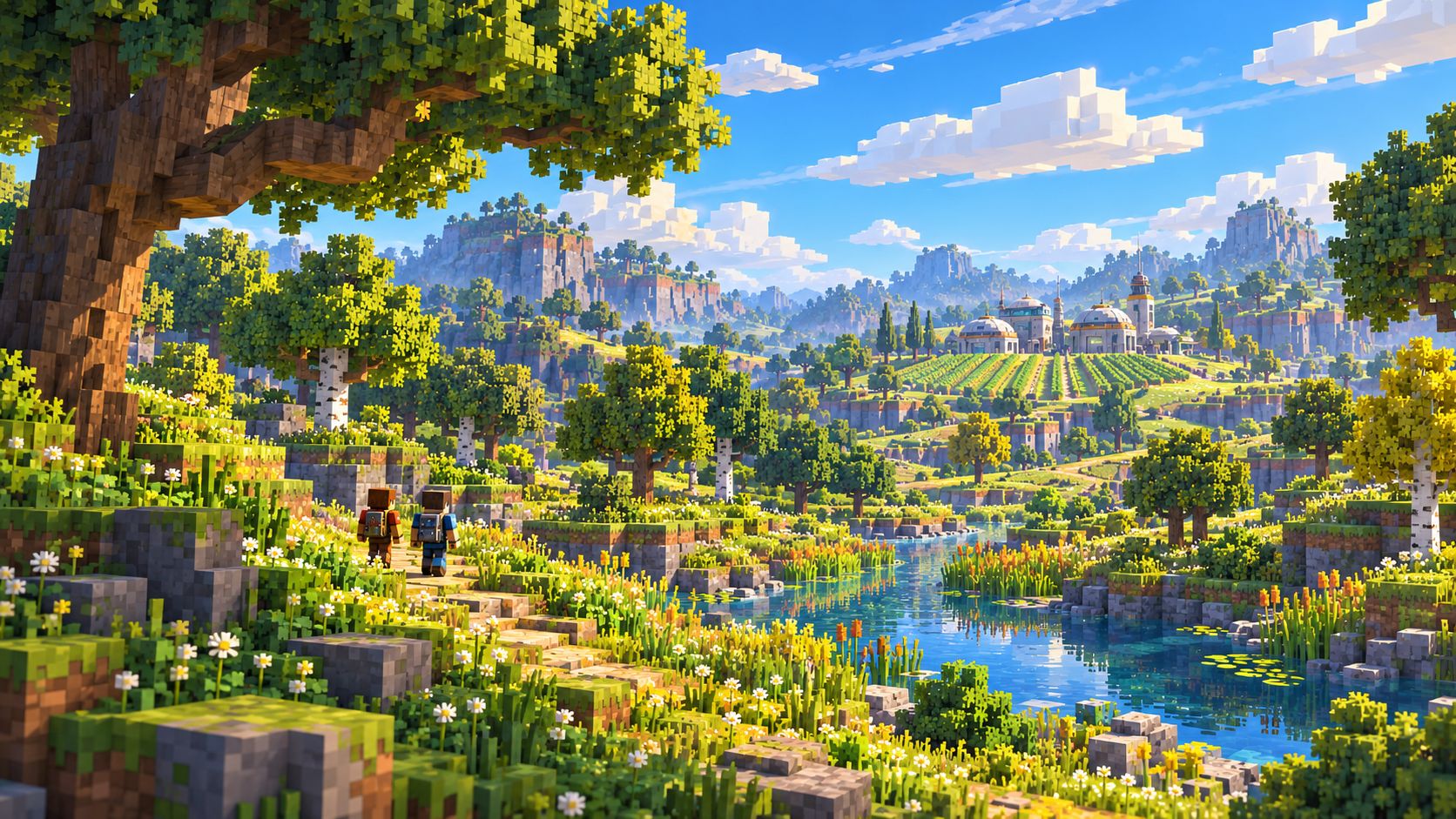 Halcyon’s sunlit meadow, broadleaf trees and wildflowers surround a pond, with farms on the distant hills.