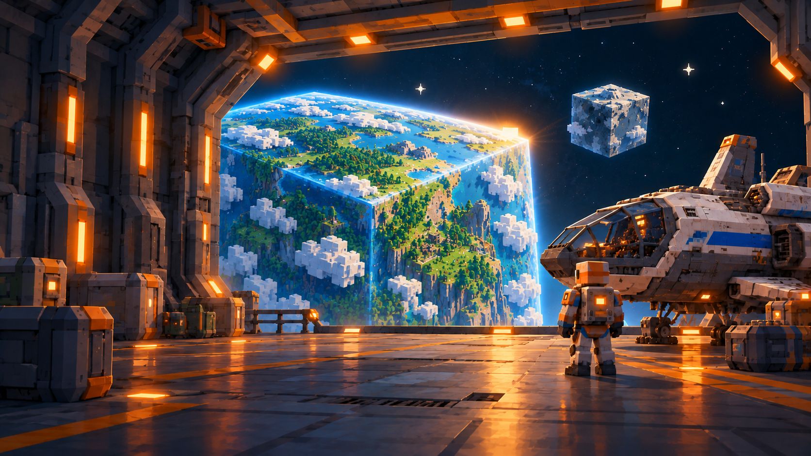 A citizen in a ship's hangar looks out at a planet, a ship parked beside them.