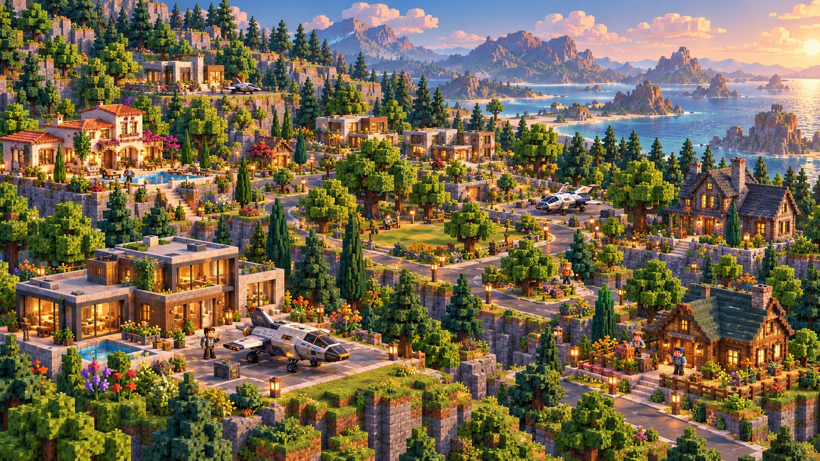 Homes of different styles along winding neighbourhood streets, surrounded by woodland and shared green space.