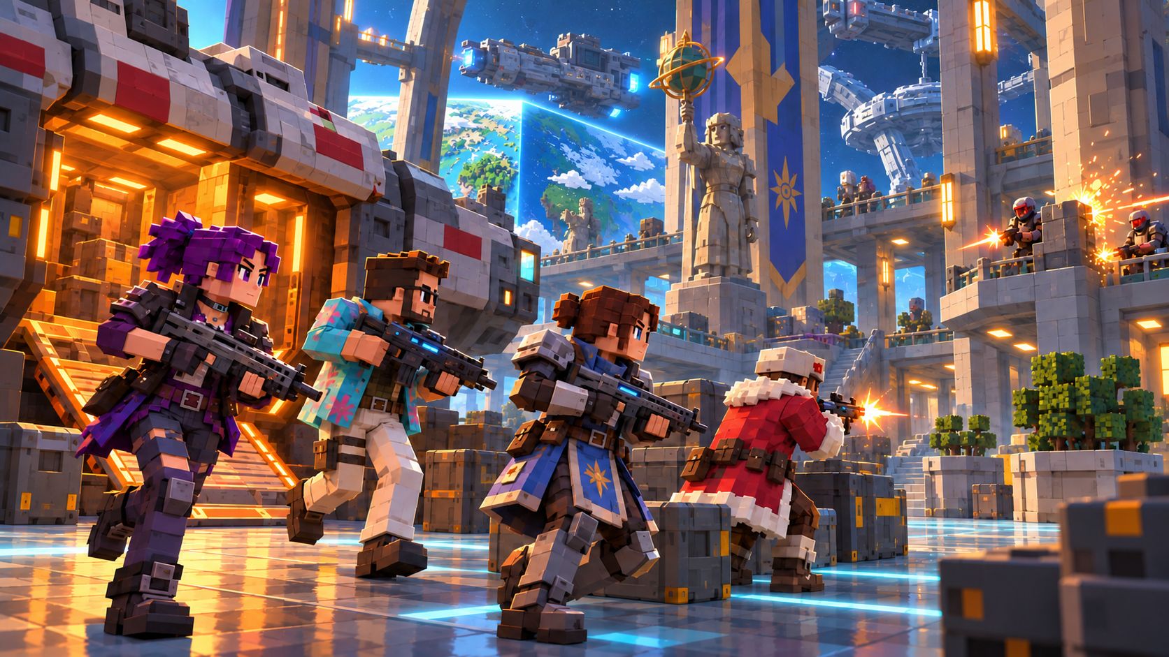 Citizens in punk, tropical, knight and festive outfits advance into an orbital station from a shuttle.