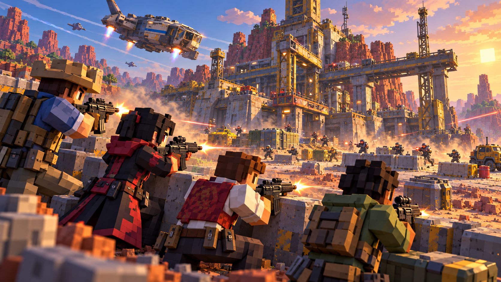A squad in varied civilian and costume-inspired outfits takes cover near an Anvil extraction site as a dropship passes overhead.