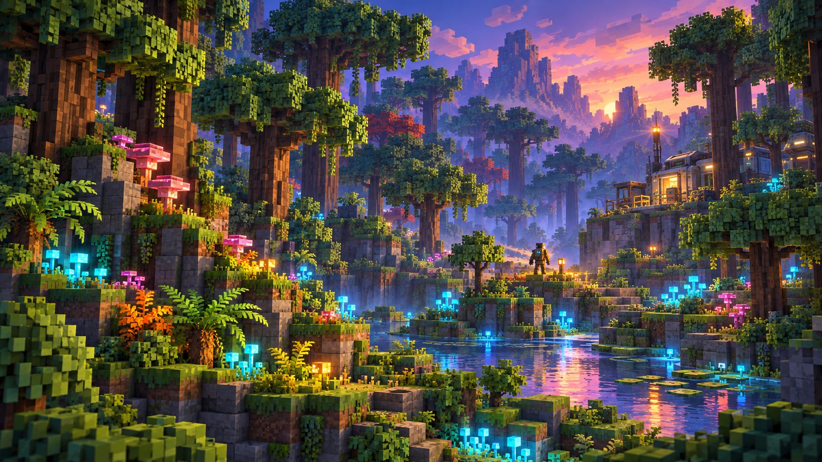 Wisp’s layered forest at dusk, with ferns, mushrooms and luminous cyan and pink growth around a pool.