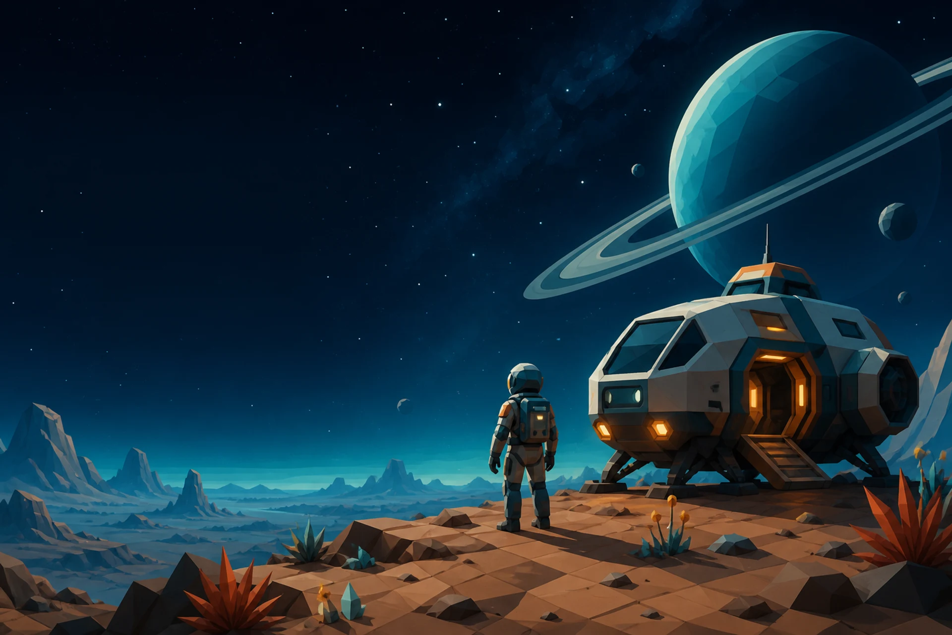 An explorer beside a landed ship under a vast ringed world