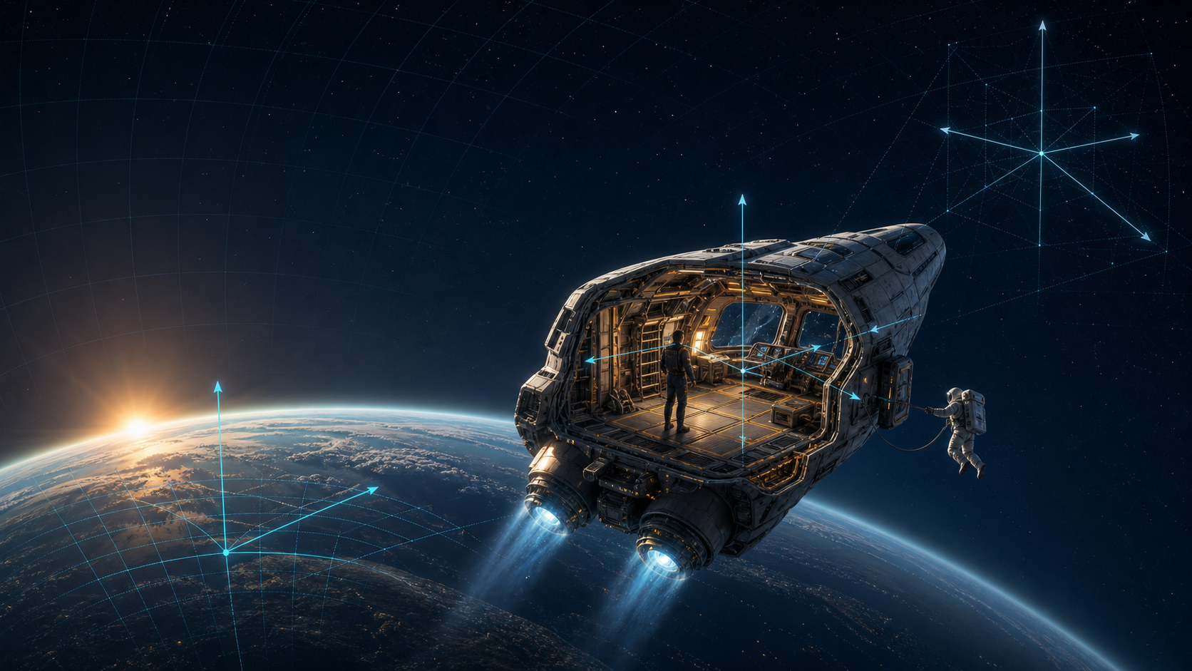A cutaway spacecraft carrying its local coordinate frame from a planet into orbit