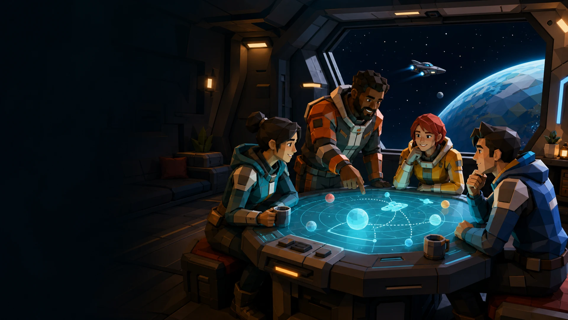 A crew gathered around a glowing map aboard their ship