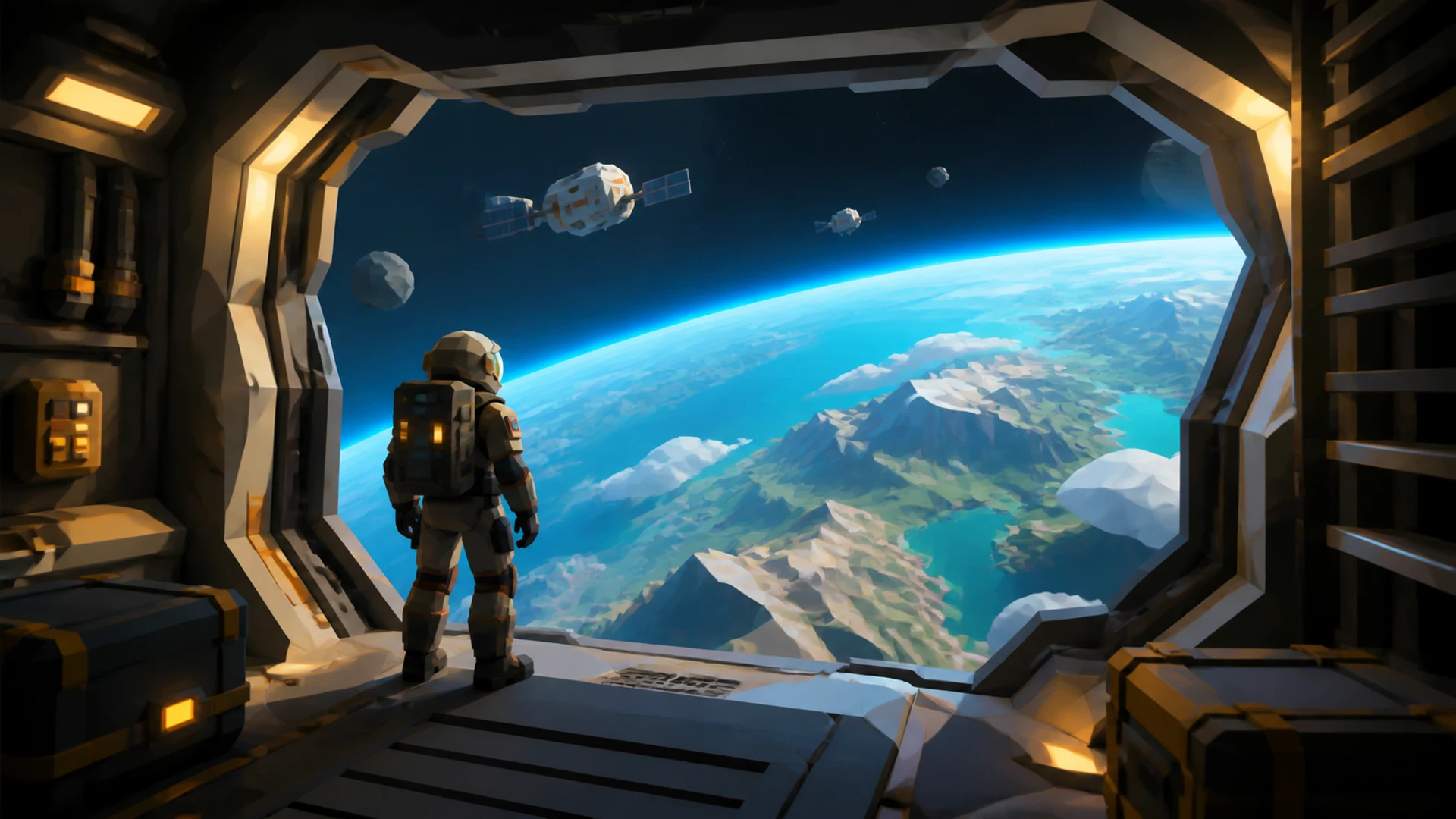 A citizen looking from a ship interior toward the planet below